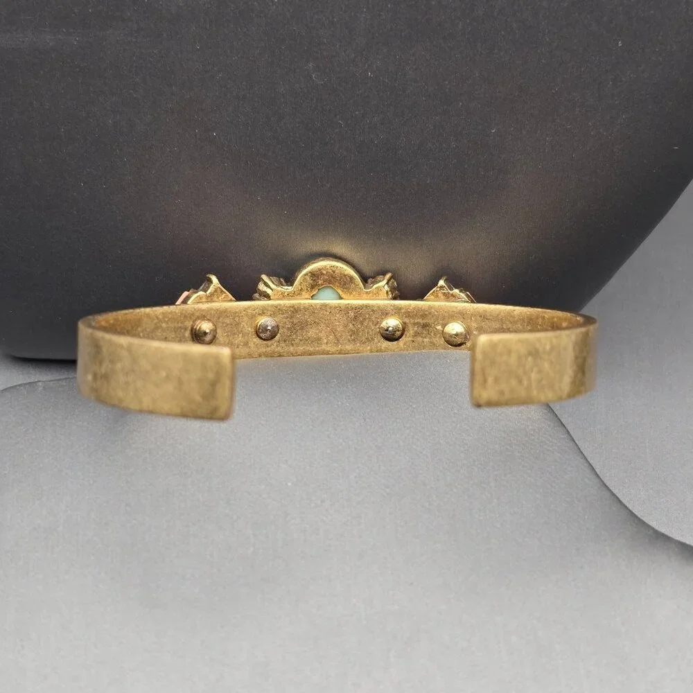 J Crew Antique Gold Tone Cuff Bracelet Faux Coral & Turquoise Stones Rhinestones - Picture 5 of 9